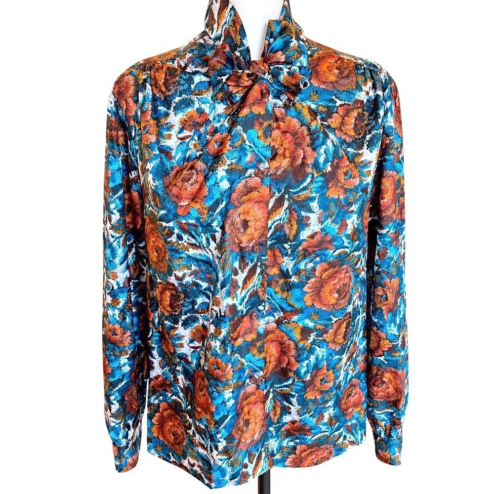 Vintage‎ Pykettes Tie Neck Blouse L 14 Bow Floral Burnt Orange Blue 70s 80s Boho